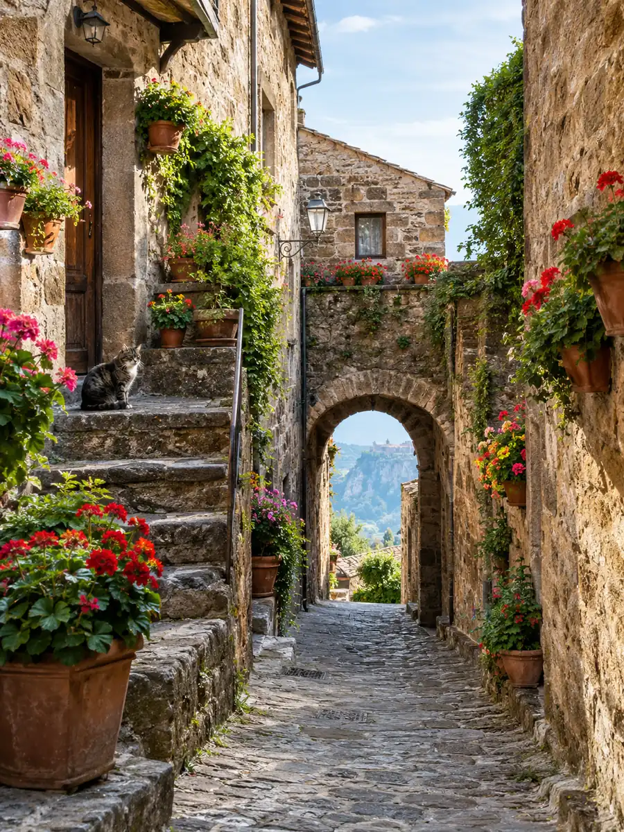 Illustration einer engen Steingasse in Civita di Bagnoregio mit Blumentöpfen und einem gewölbten Durchgang