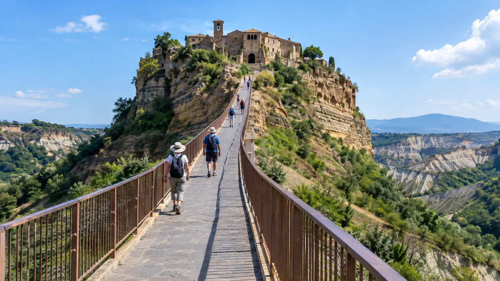Illustration von Wanderern, die die Fußgängerbrücke nach Civita di Bagnoregio hinaufsteigen